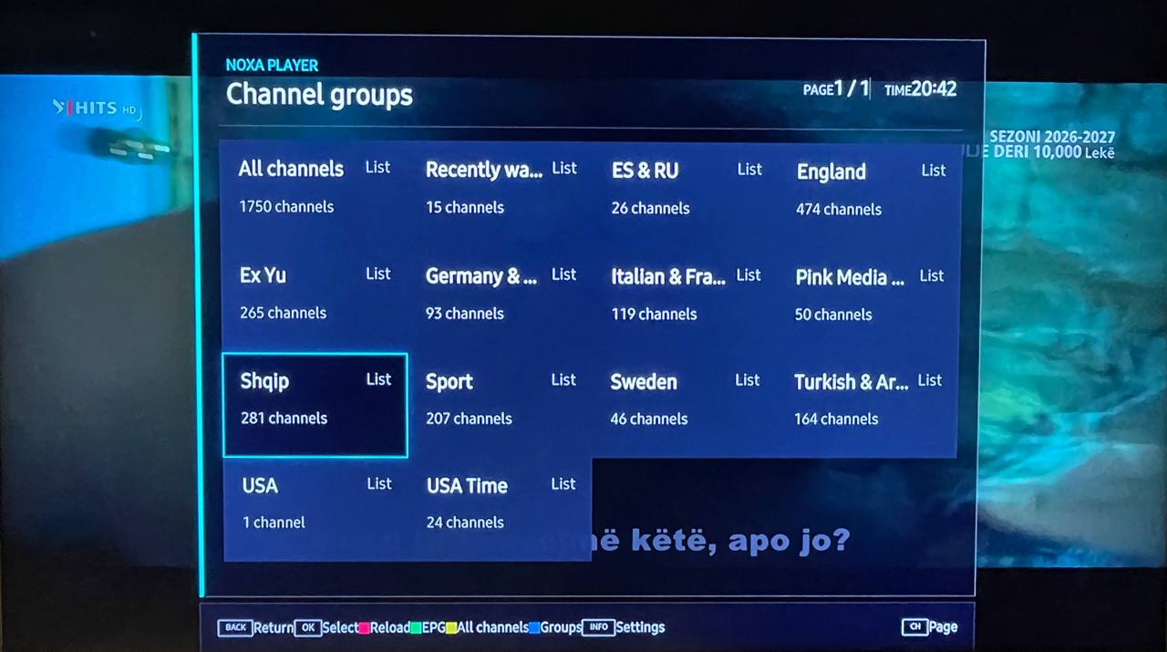 Channel groups screen in Noxa Player