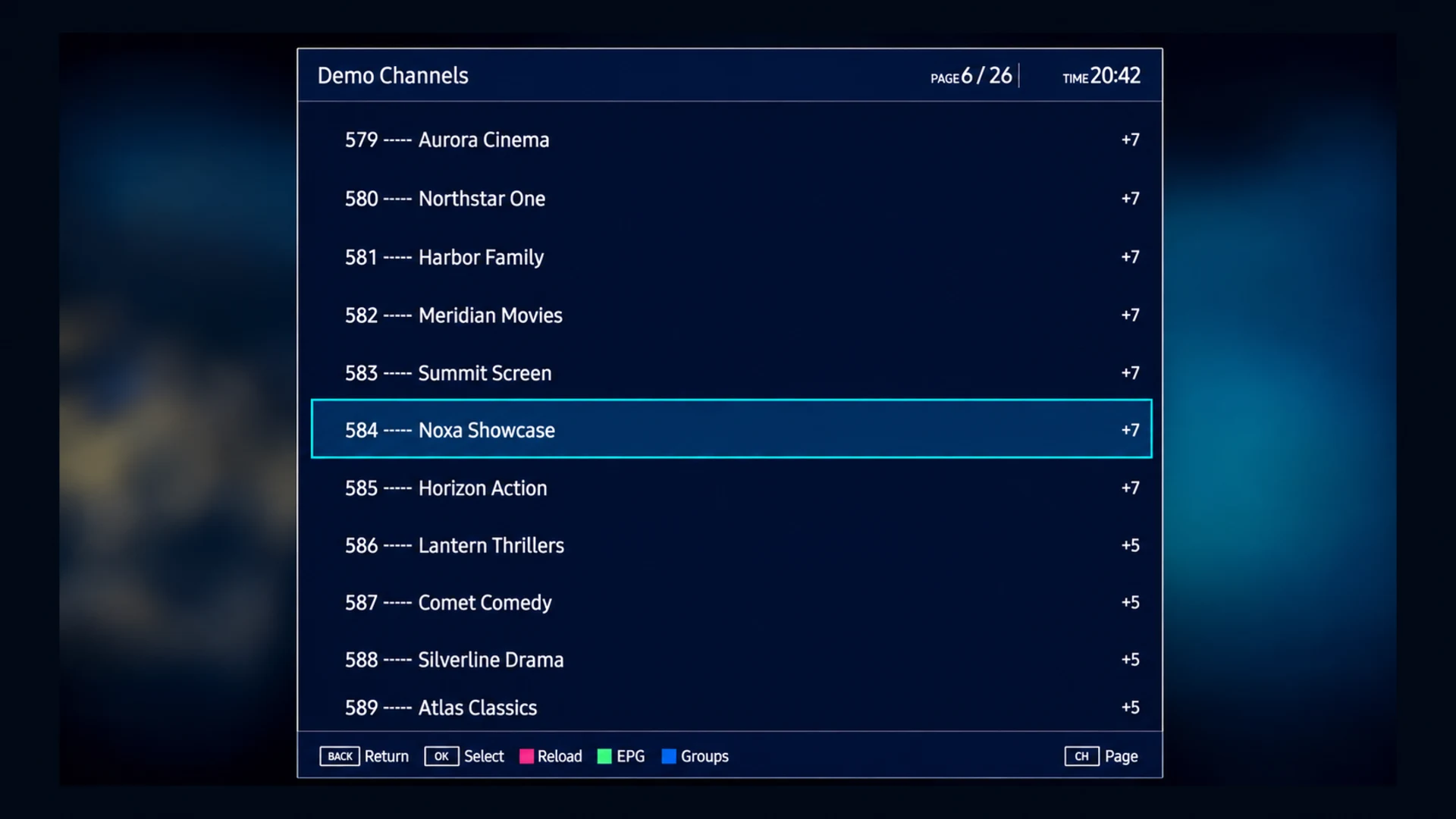 Noxa Player channel list using fictional demo channel names