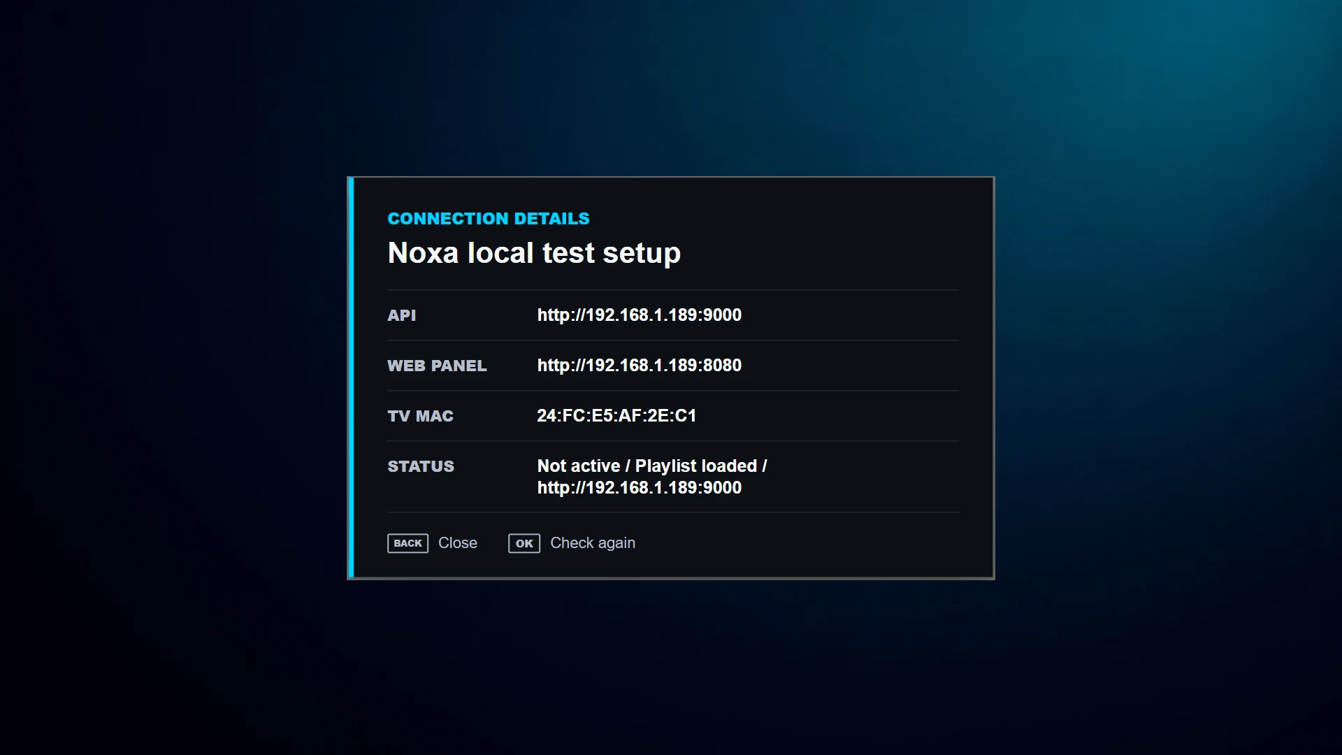 Current Noxa Player connection details screen