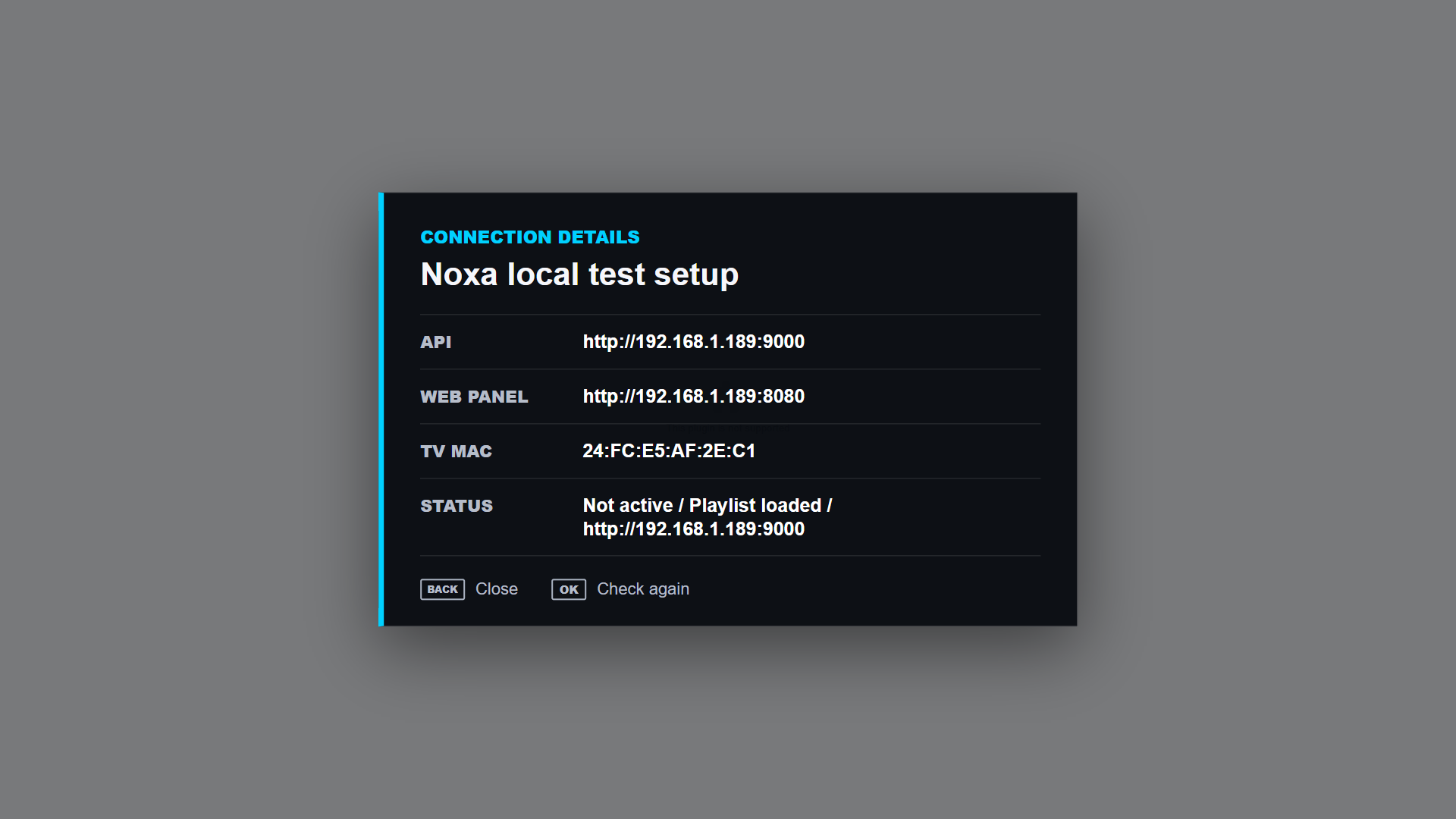 Connection details screen in Noxa Player