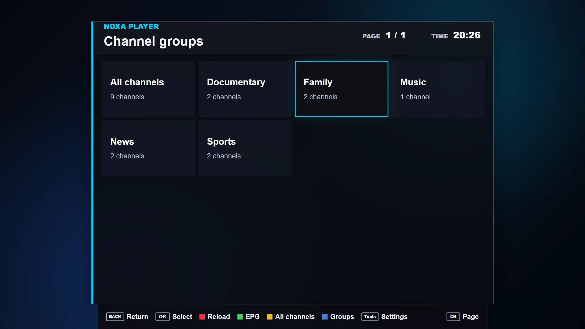 Noxa Player live groups interface