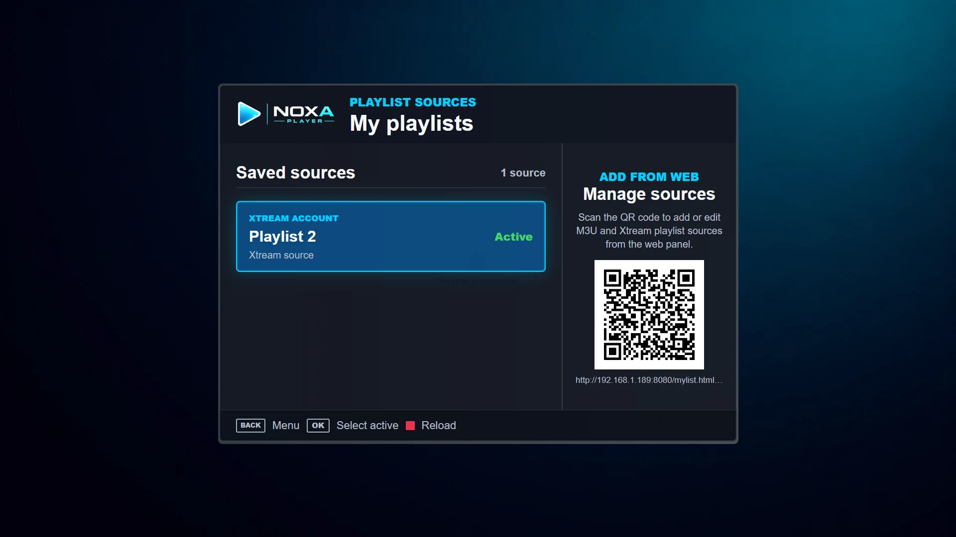 Playlist sources screen in Noxa Player