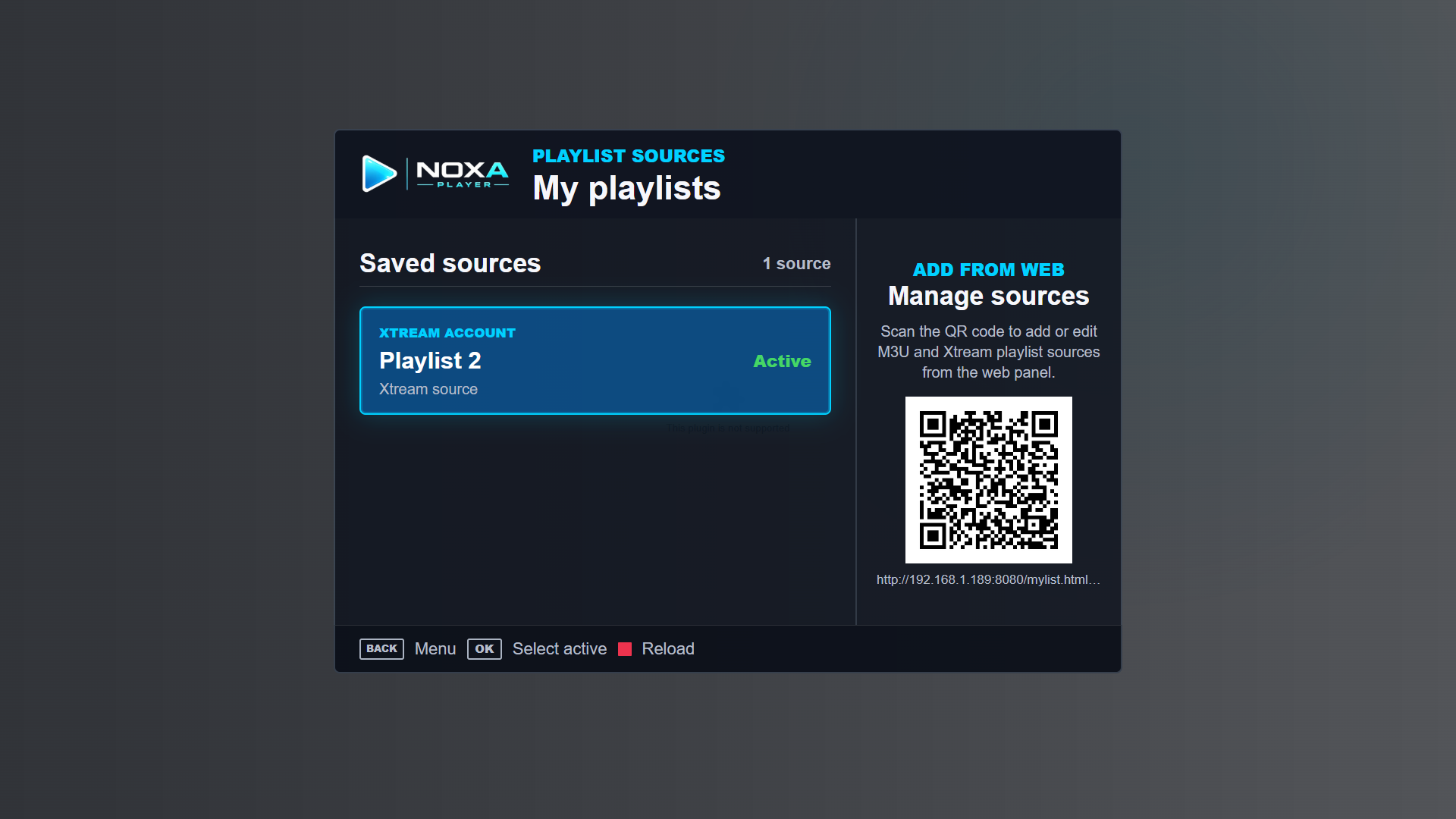 Playlist sources screen in Noxa Player