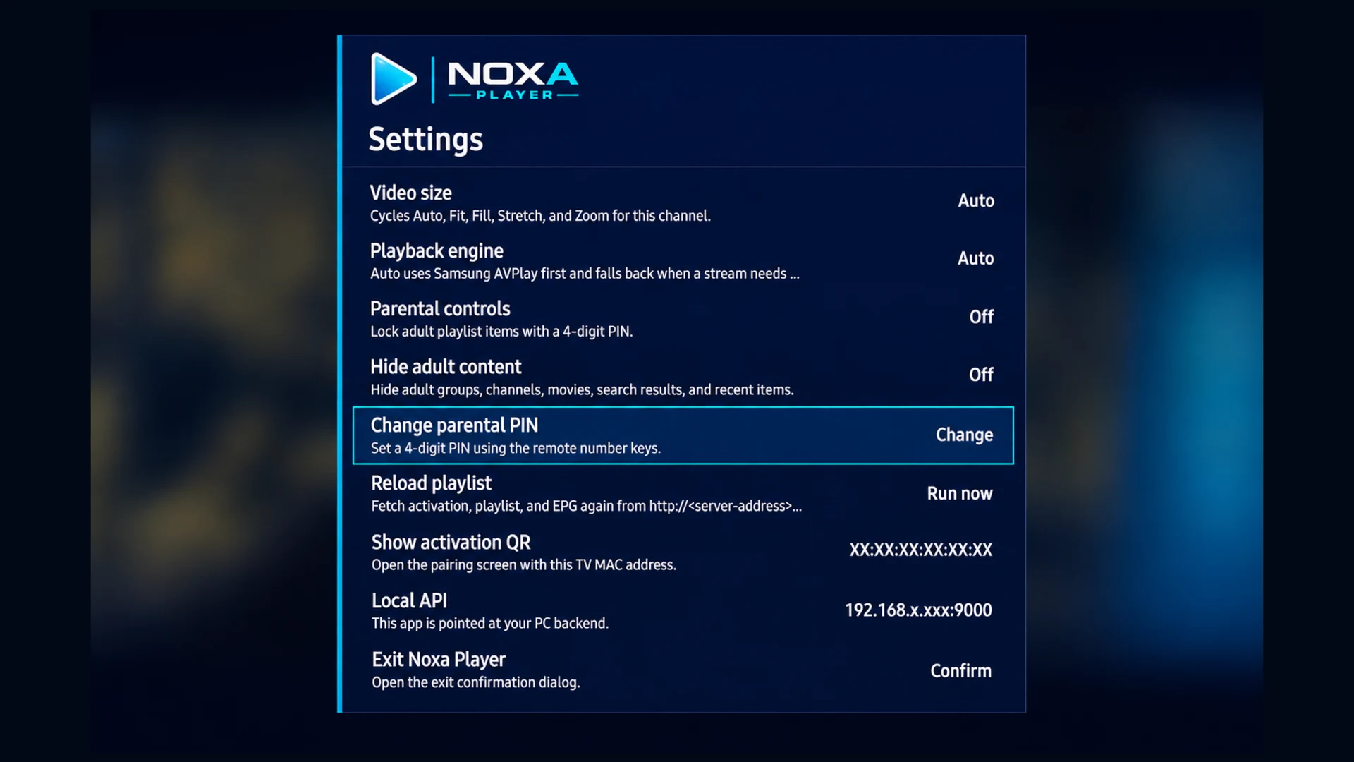 Settings screen in Noxa Player