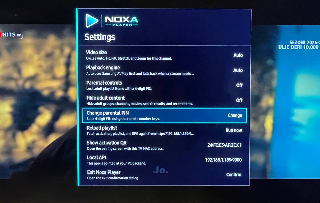 Settings screen in Noxa Player